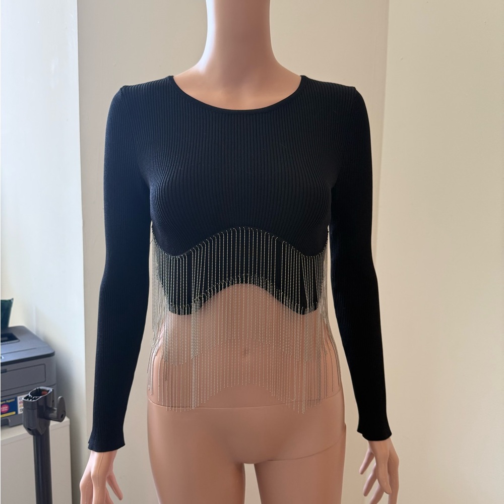Zara Black Long Sleeve Cropped Top with Fringe